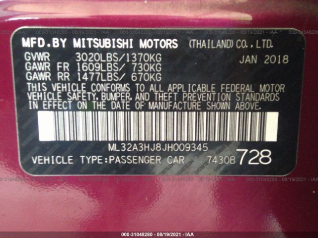 Photo 8 VIN: ML32A3HJ8JH009345 - MITSUBISHI MIRAGE 