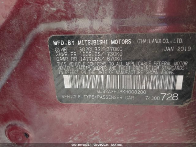 Photo 8 VIN: ML32A3HJ8KH008200 - MITSUBISHI MIRAGE 