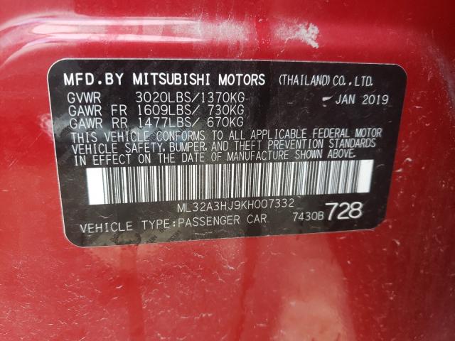 Photo 9 VIN: ML32A3HJ9KH007332 - MITSUBISHI MIRAGE ES 