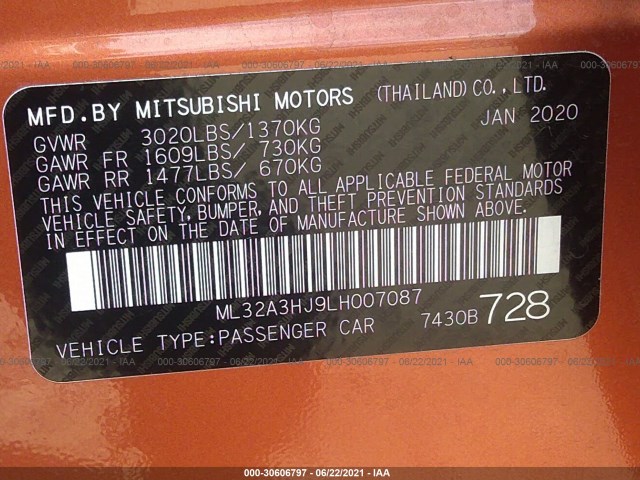 Photo 8 VIN: ML32A3HJ9LH007087 - MITSUBISHI MIRAGE 