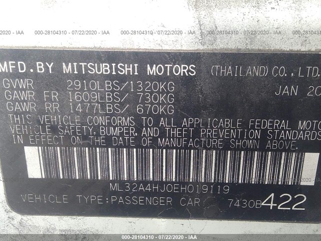 Photo 8 VIN: ML32A4HJ0EH019119 - MITSUBISHI MIRAGE 