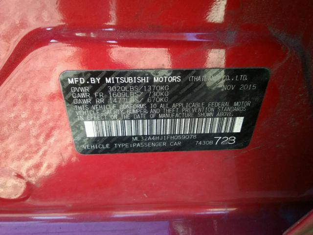 Photo 9 VIN: ML32A4HJ1FH059078 - MITSUBISHI MIRAGE ES 