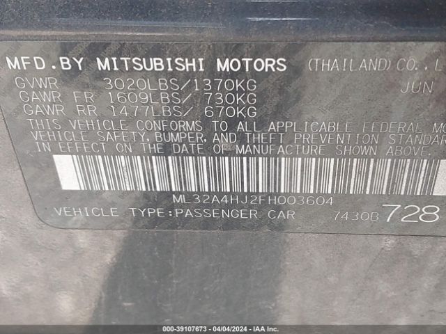 Photo 8 VIN: ML32A4HJ2FH003604 - MITSUBISHI MIRAGE 