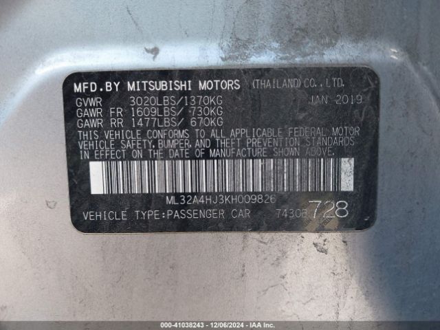 Photo 8 VIN: ML32A4HJ3KH009826 - MITSUBISHI MIRAGE 