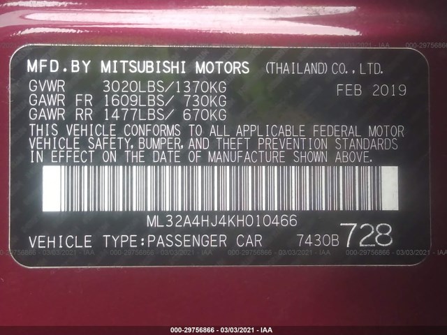 Photo 8 VIN: ML32A4HJ4KH010466 - MITSUBISHI MIRAGE 