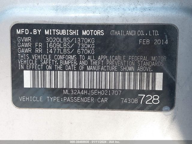 Photo 8 VIN: ML32A4HJ5EH021707 - MITSUBISHI MIRAGE 