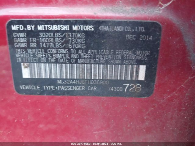 Photo 8 VIN: ML32A4HJ6FH036900 - MITSUBISHI MIRAGE 