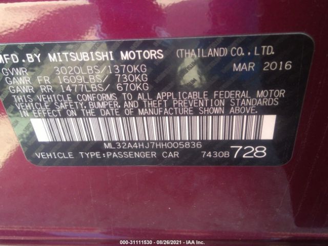 Photo 8 VIN: ML32A4HJ7HH005836 - MITSUBISHI MIRAGE 