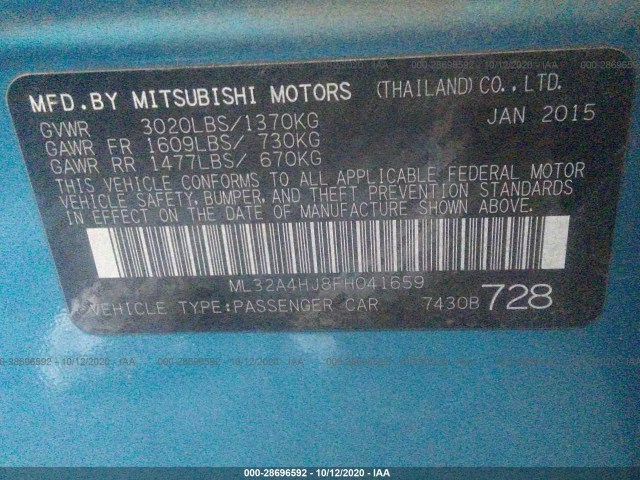 Photo 8 VIN: ML32A4HJ8FH041659 - MITSUBISHI MIRAGE 