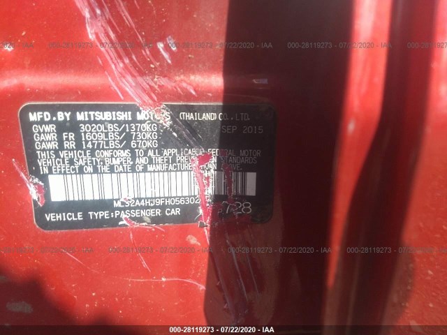 Photo 8 VIN: ML32A4HJ9FH056302 - MITSUBISHI MIRAGE 