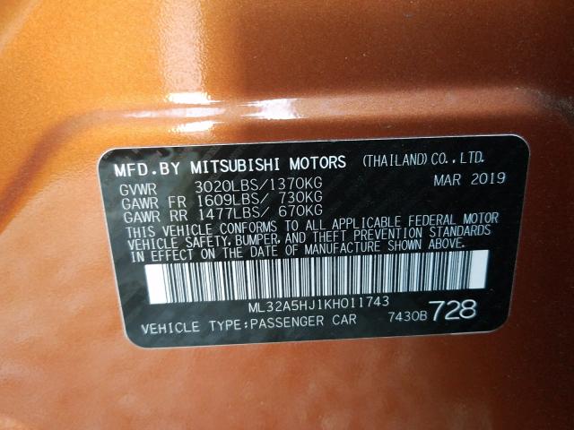 Photo 9 VIN: ML32A5HJ1KH011743 - MITSUBISHI MIRAGE LE 