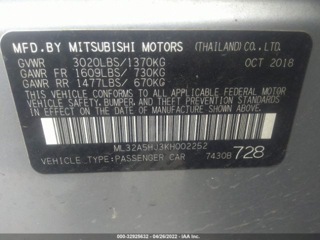 Photo 8 VIN: ML32A5HJ3KH002252 - MITSUBISHI MIRAGE 