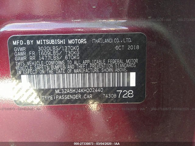 Photo 8 VIN: ML32A5HJ4KH002440 - MITSUBISHI MIRAGE 