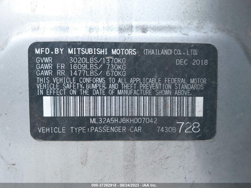 Photo 8 VIN: ML32A5HJ6KH007042 - MITSUBISHI MIRAGE 