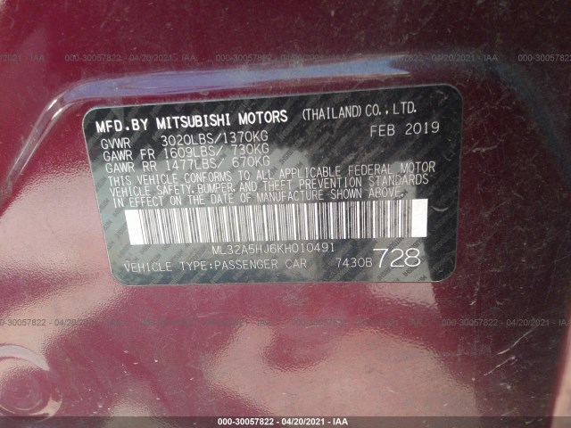 Photo 8 VIN: ML32A5HJ6KH010491 - MITSUBISHI MIRAGE 