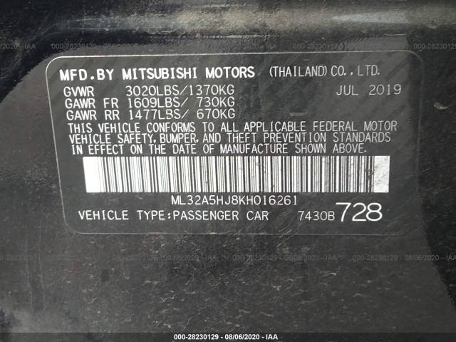 Photo 8 VIN: ML32A5HJ8KH016261 - MITSUBISHI MIRAGE 