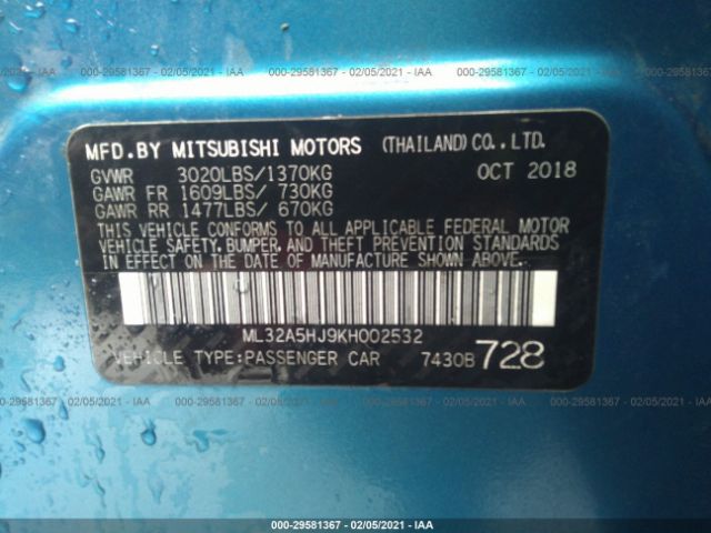 Photo 8 VIN: ML32A5HJ9KH002532 - MITSUBISHI MIRAGE 