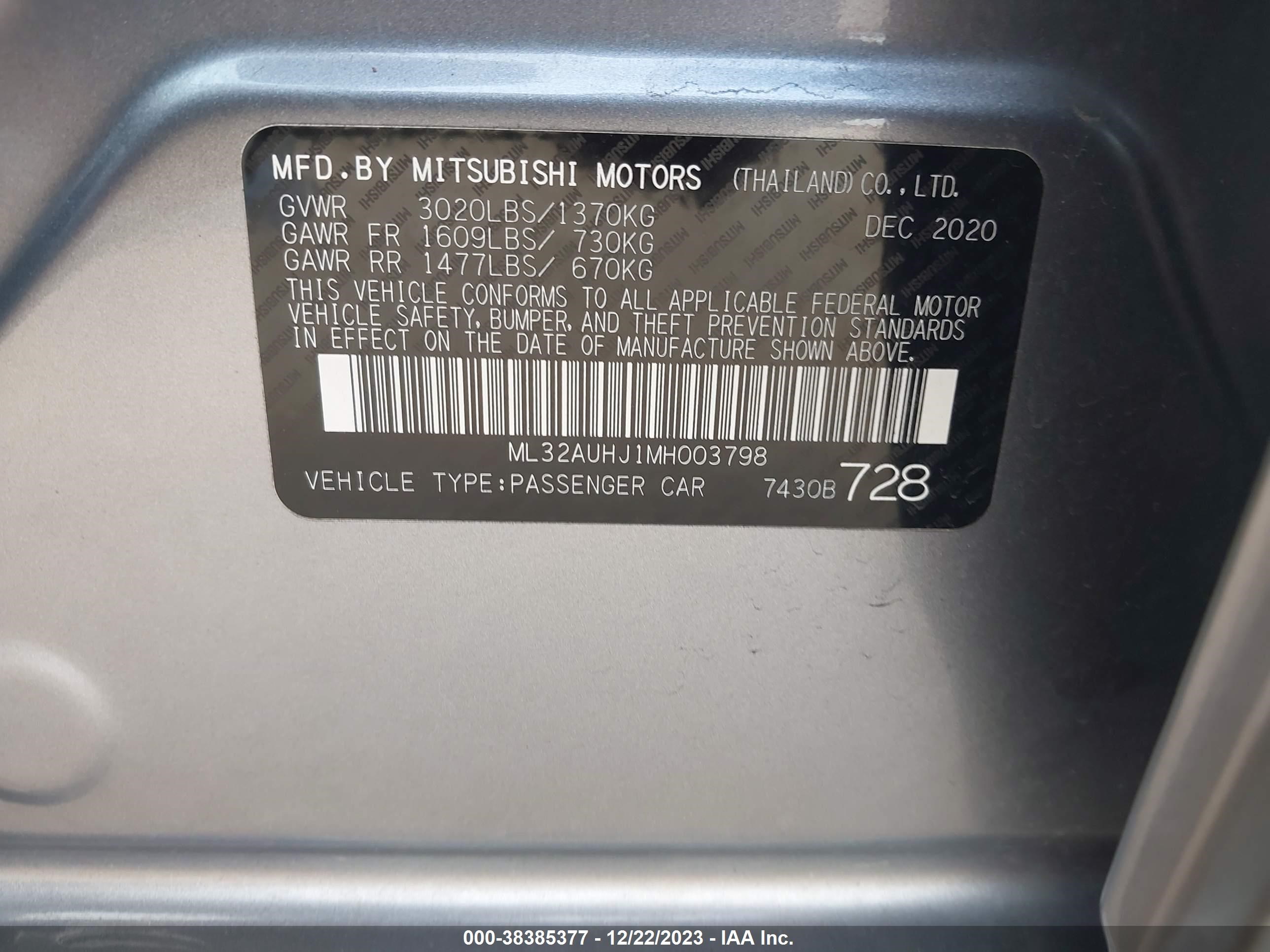 Photo 8 VIN: ML32AUHJ1MH003798 - MITSUBISHI MIRAGE 