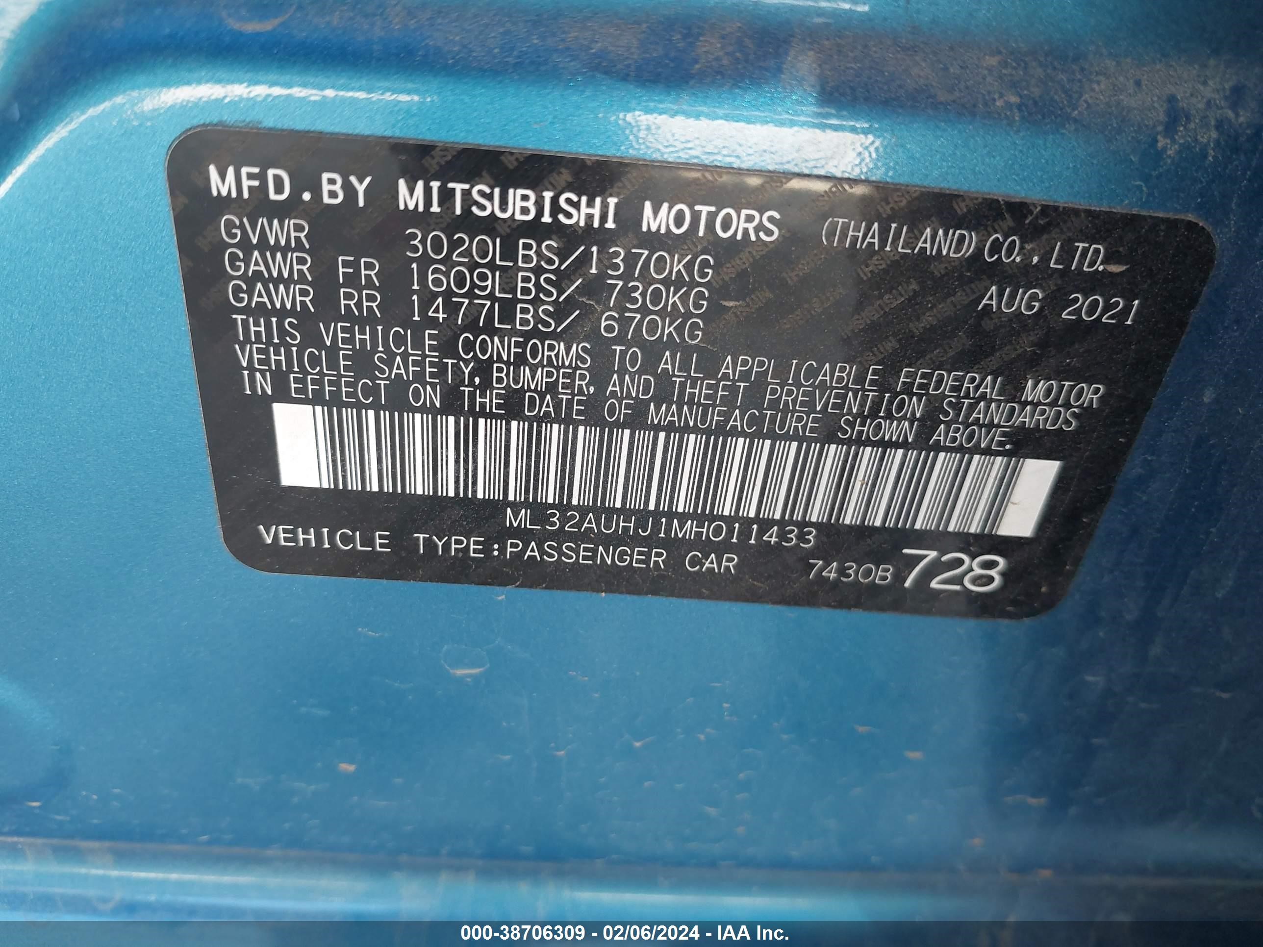 Photo 8 VIN: ML32AUHJ1MH011433 - MITSUBISHI MIRAGE 