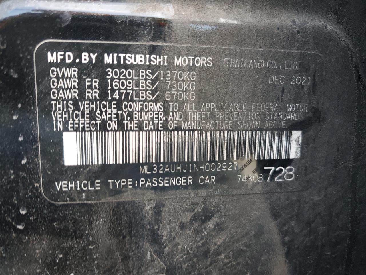 Photo 11 VIN: ML32AUHJ1NH002927 - MITSUBISHI MIRAGE 