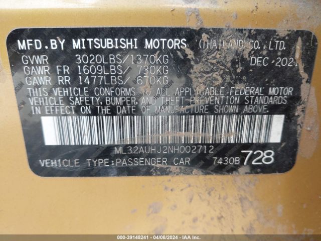 Photo 8 VIN: ML32AUHJ2NH002712 - MITSUBISHI MIRAGE 