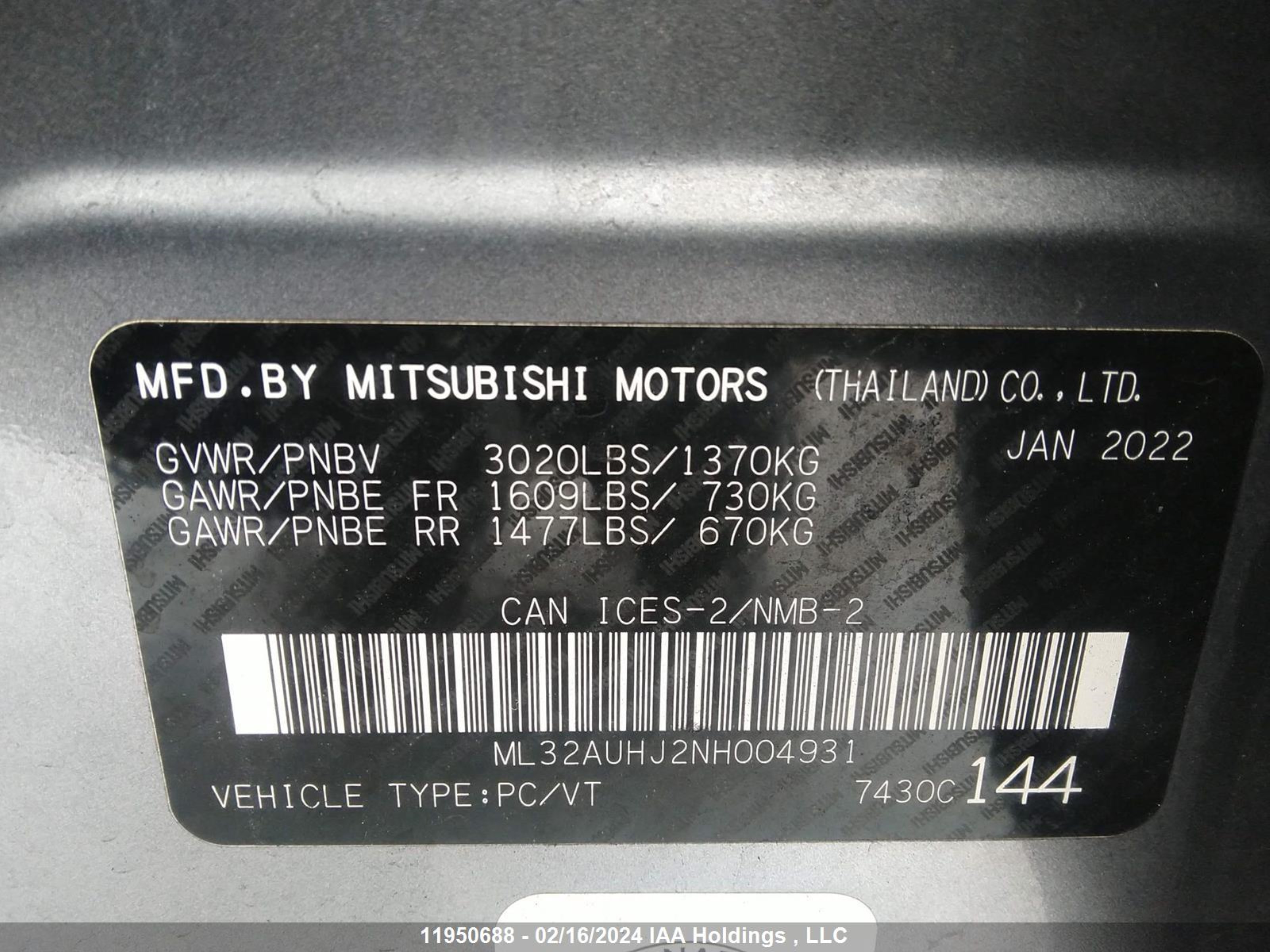 Photo 8 VIN: ML32AUHJ2NH004931 - MITSUBISHI MIRAGE 