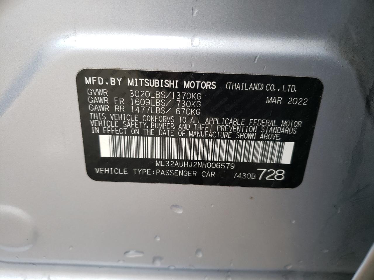 Photo 11 VIN: ML32AUHJ2NH006579 - MITSUBISHI MIRAGE 