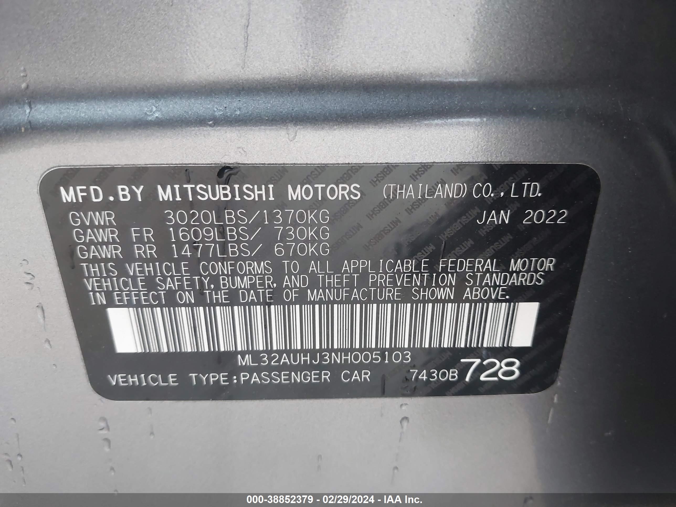 Photo 8 VIN: ML32AUHJ3NH005103 - MITSUBISHI MIRAGE 