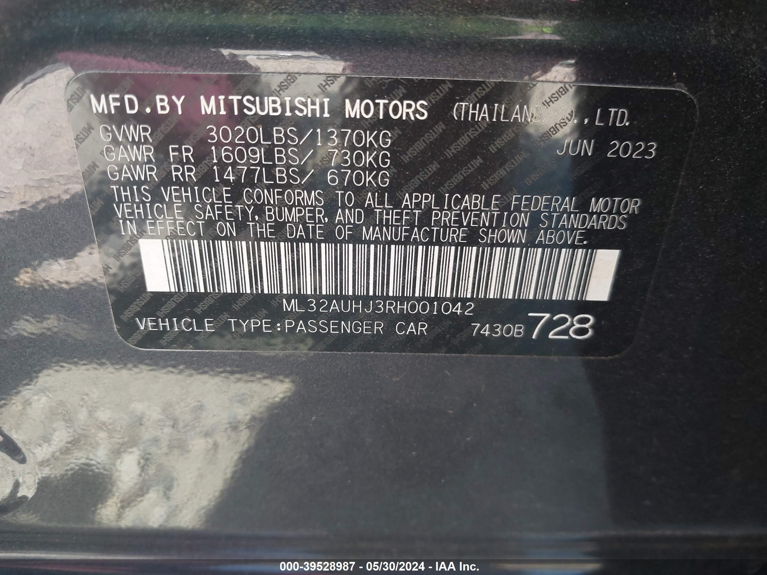 Photo 8 VIN: ML32AUHJ3RH001042 - MITSUBISHI MIRAGE 