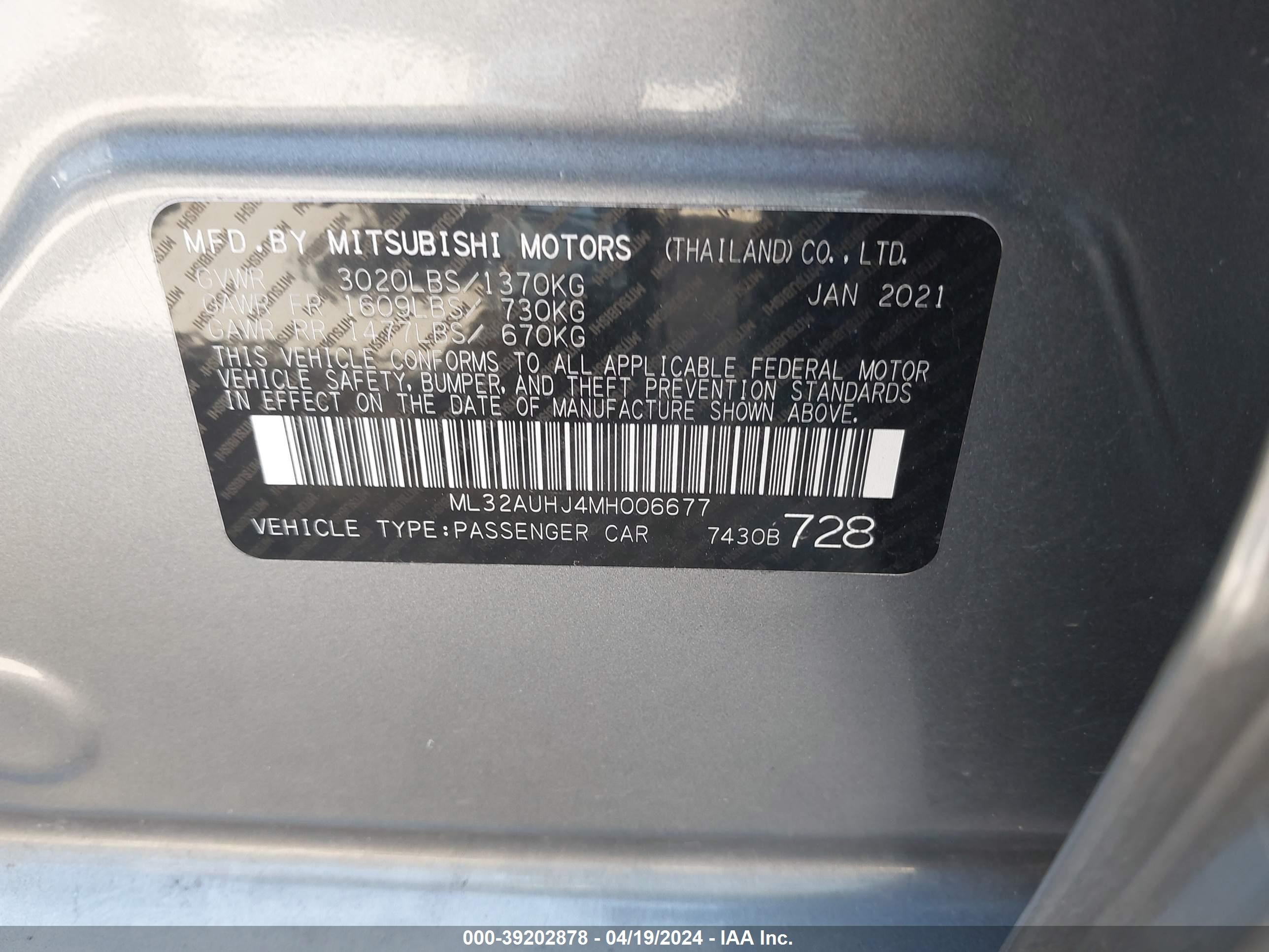 Photo 8 VIN: ML32AUHJ4MH006677 - MITSUBISHI MIRAGE 