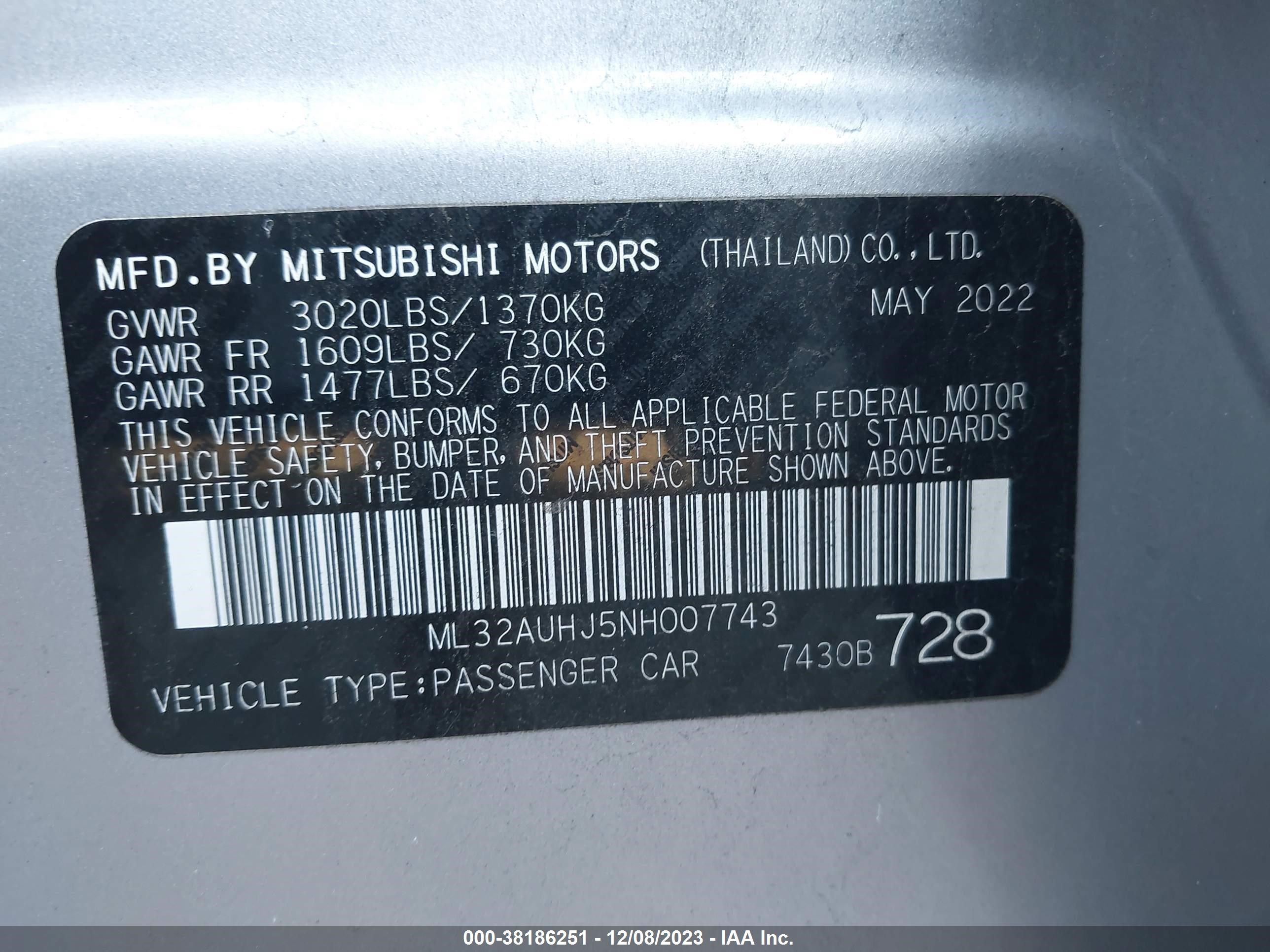 Photo 8 VIN: ML32AUHJ5NH007743 - MITSUBISHI MIRAGE 