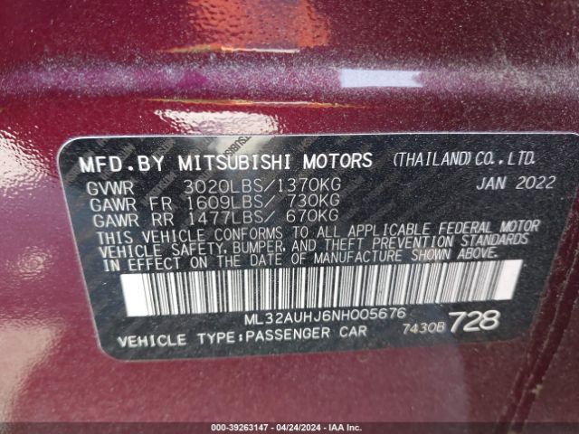 Photo 8 VIN: ML32AUHJ6NH005676 - MITSUBISHI MIRAGE 