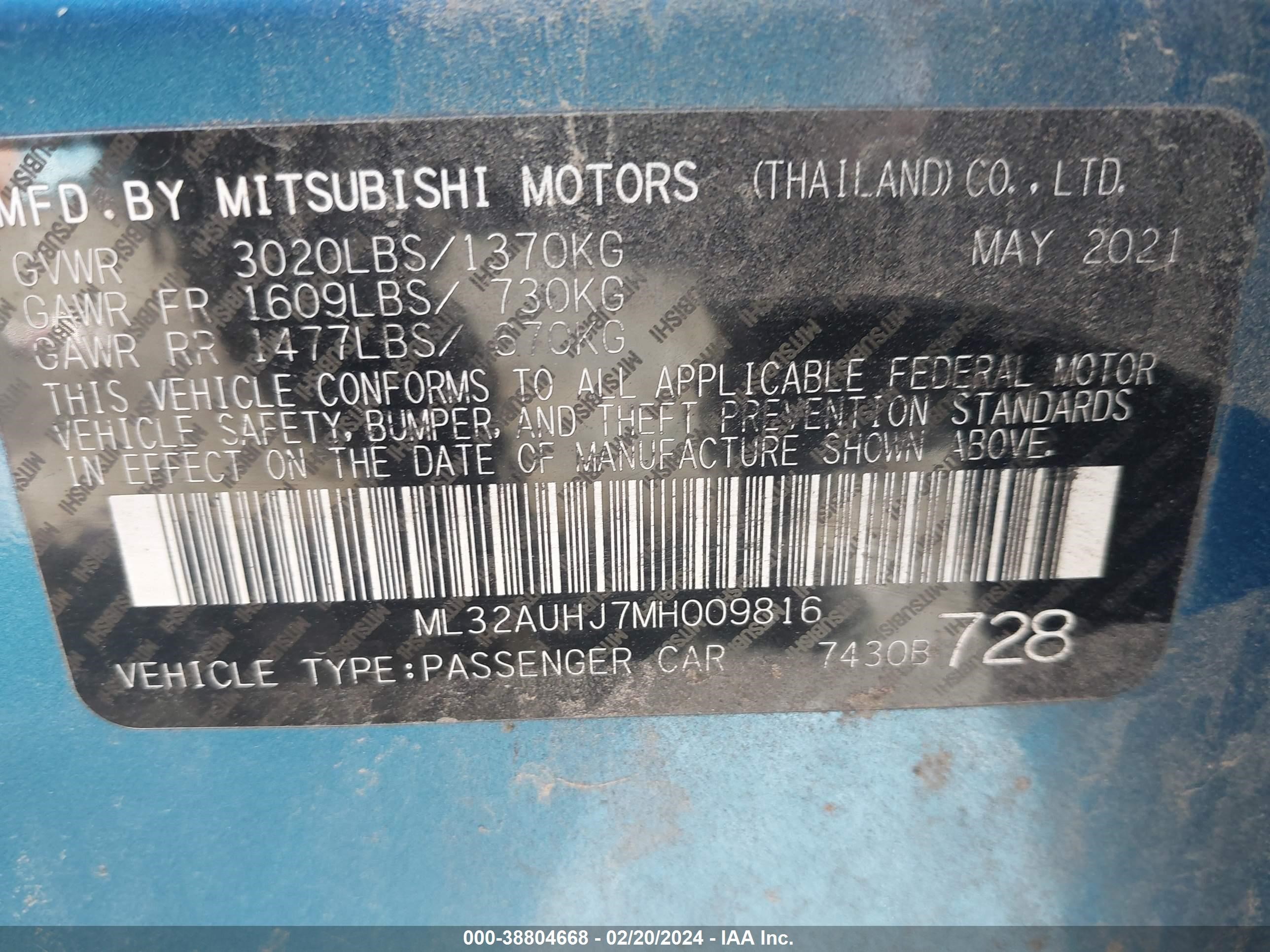 Photo 8 VIN: ML32AUHJ7MH009816 - MITSUBISHI MIRAGE 