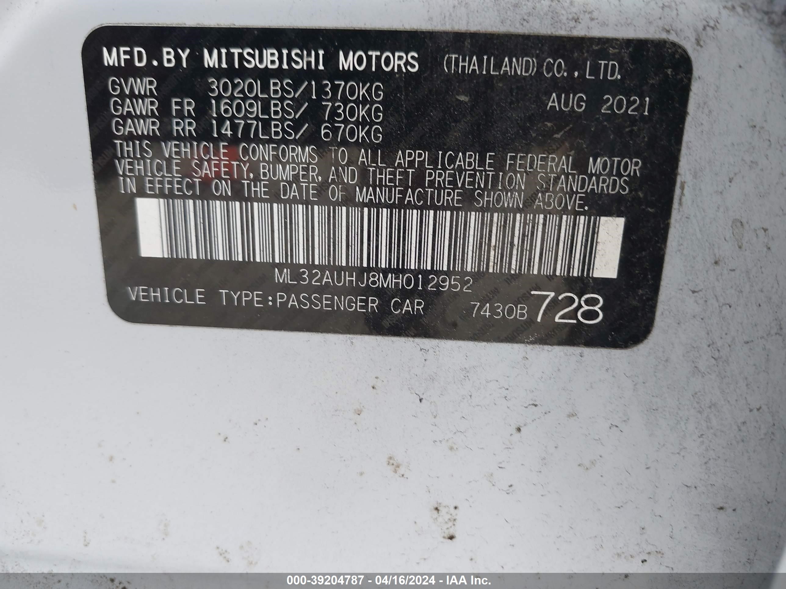 Photo 8 VIN: ML32AUHJ8MH012952 - MITSUBISHI MIRAGE 