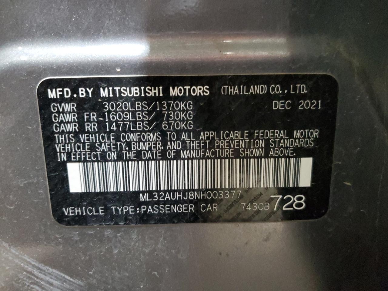 Photo 12 VIN: ML32AUHJ8NH003377 - MITSUBISHI MIRAGE 