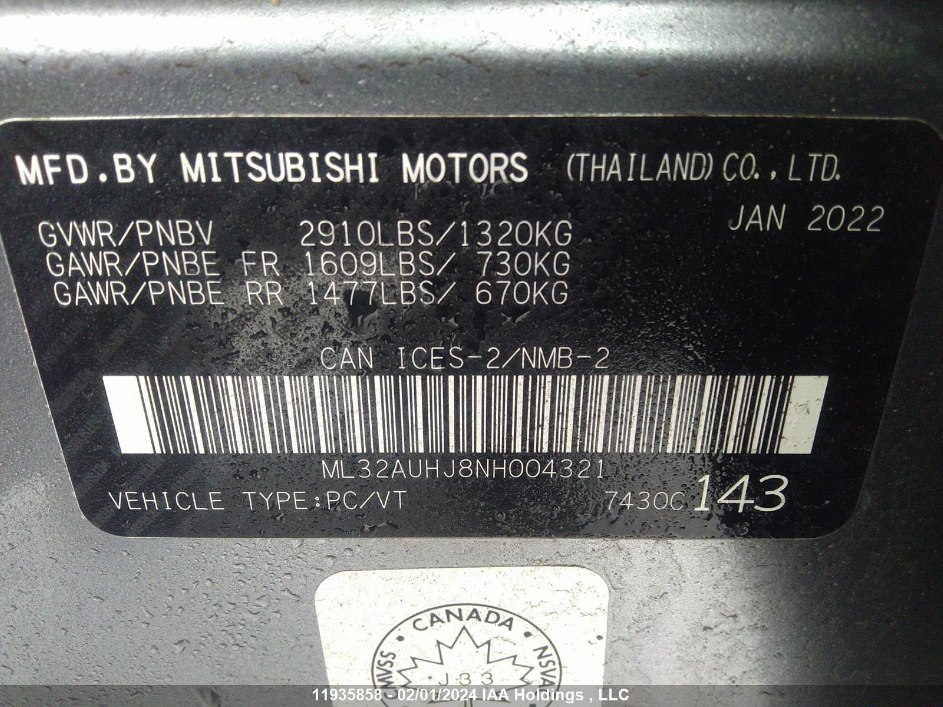 Photo 8 VIN: ML32AUHJ8NH004321 - MITSUBISHI MIRAGE 