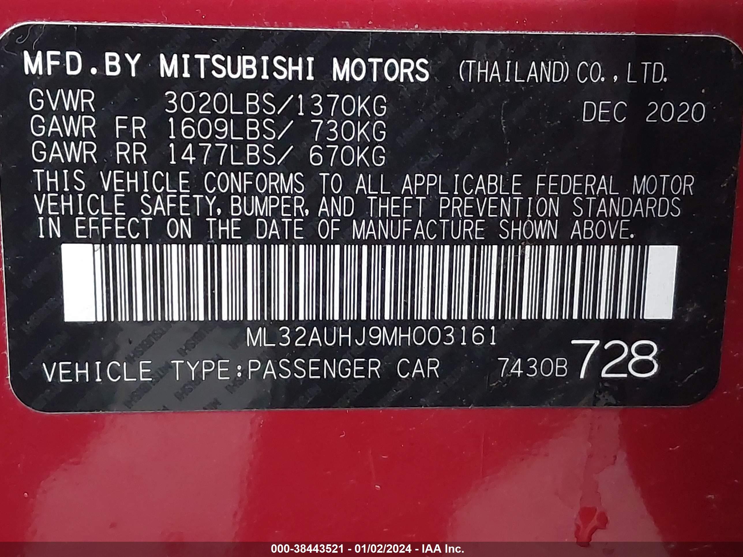 Photo 8 VIN: ML32AUHJ9MH003161 - MITSUBISHI MIRAGE 