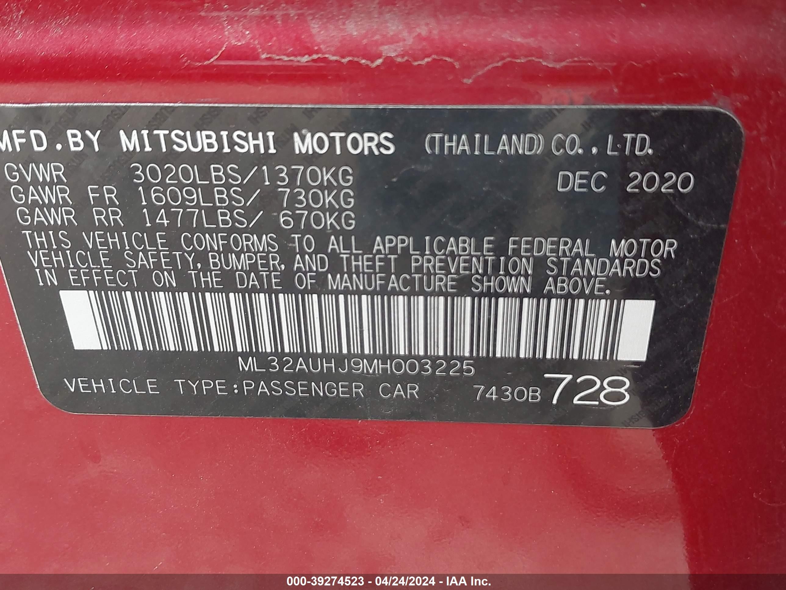 Photo 8 VIN: ML32AUHJ9MH003225 - MITSUBISHI MIRAGE 