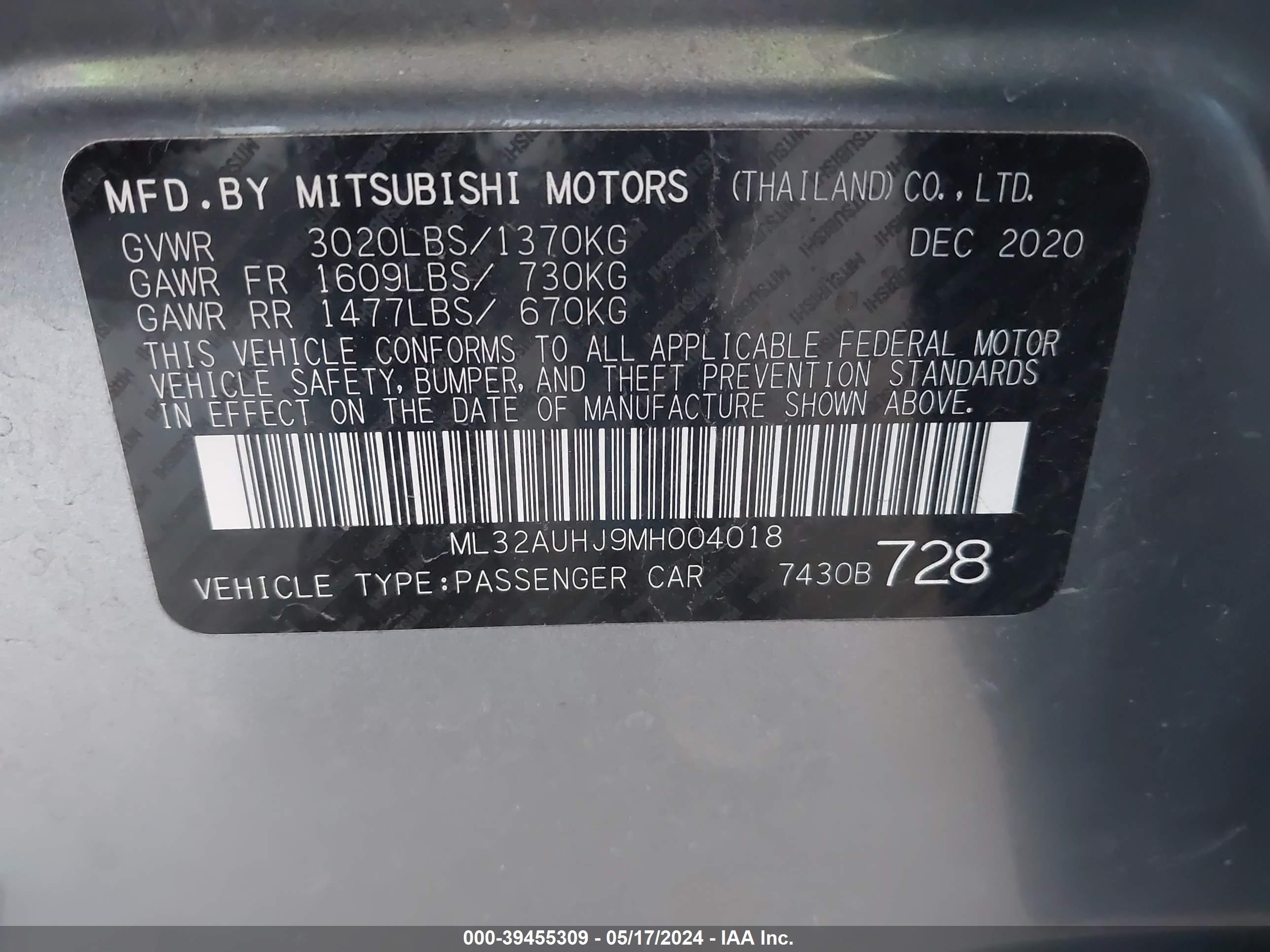 Photo 8 VIN: ML32AUHJ9MH004018 - MITSUBISHI MIRAGE 