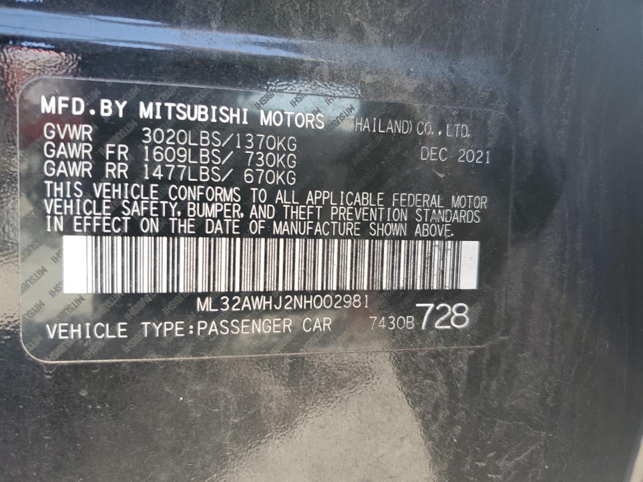 Photo 12 VIN: ML32AWHJ2NH002981 - MITSUBISHI MIRAGE 