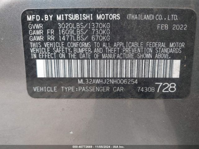 Photo 8 VIN: ML32AWHJ2NH006254 - MITSUBISHI MIRAGE 