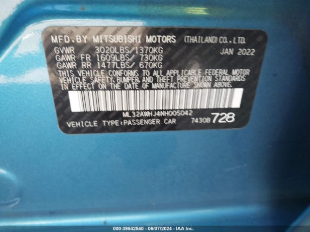 Photo 8 VIN: ML32AWHJ4NH005042 - MITSUBISHI MIRAGE 