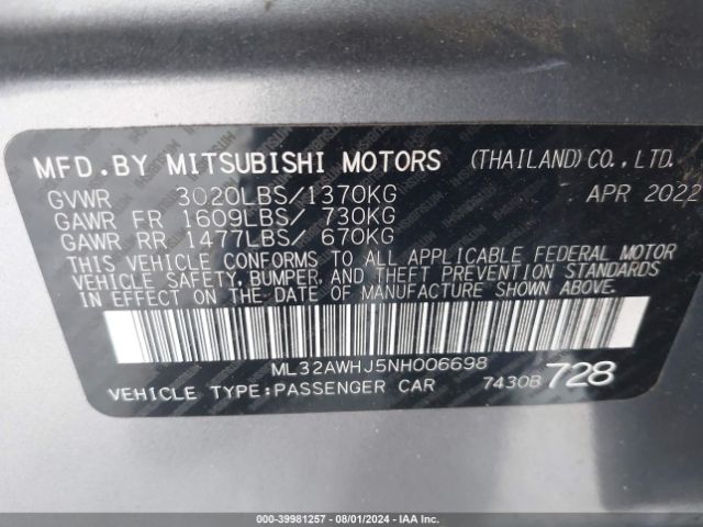 Photo 8 VIN: ML32AWHJ5NH006698 - MITSUBISHI MIRAGE 