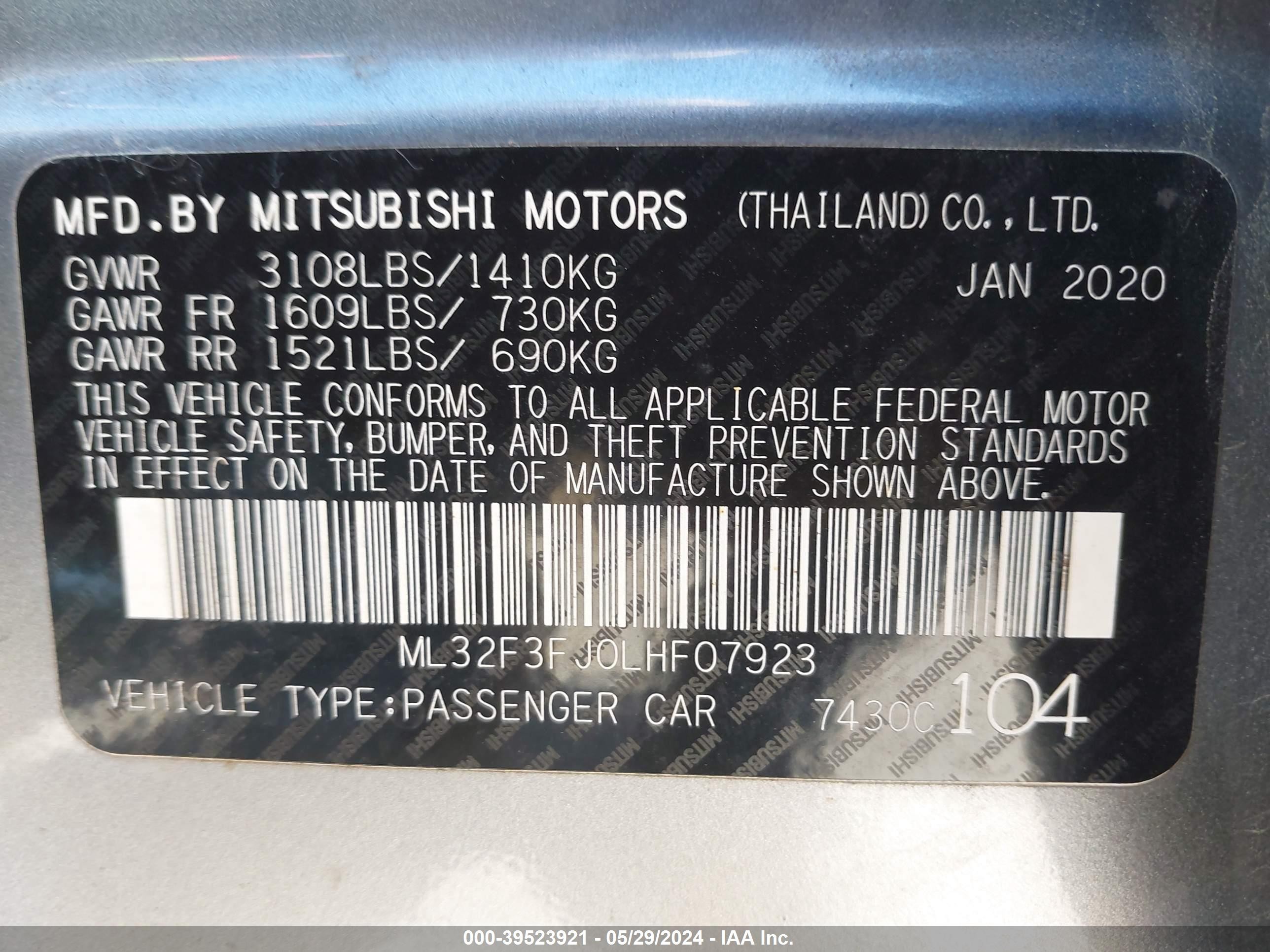 Photo 8 VIN: ML32F3FJ0LHF07923 - MITSUBISHI MIRAGE 