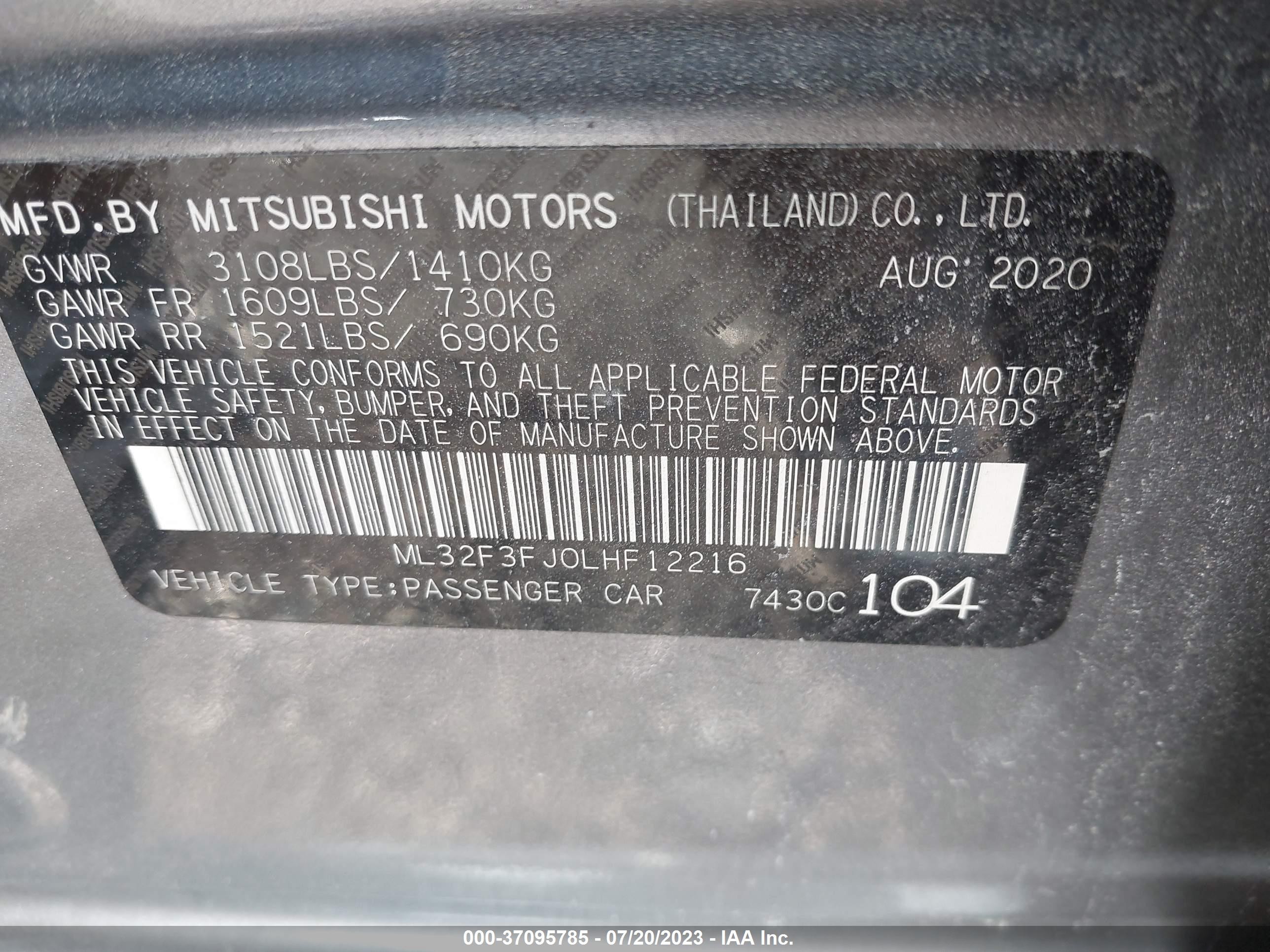 Photo 8 VIN: ML32F3FJ0LHF12216 - MITSUBISHI MIRAGE 