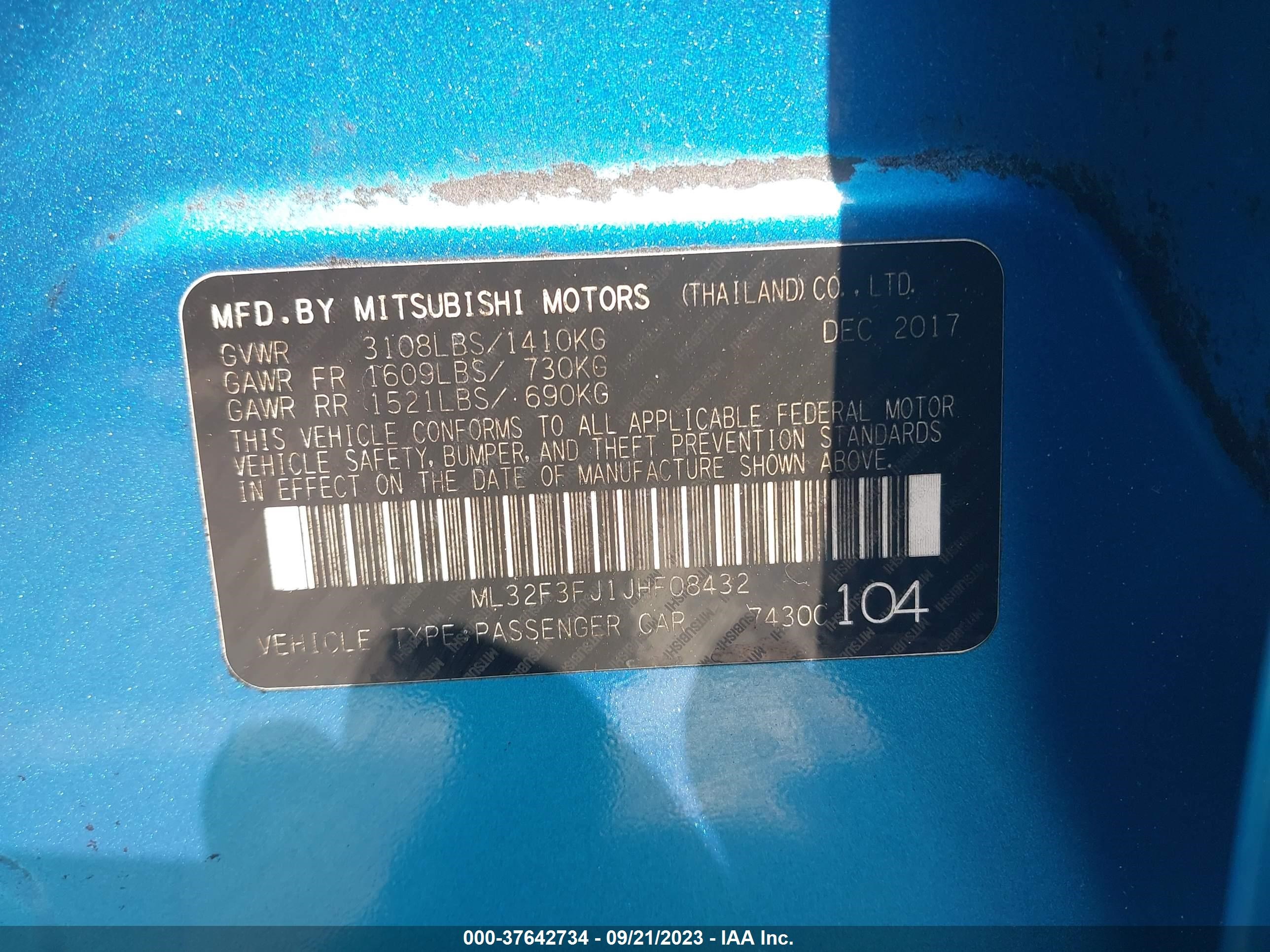 Photo 8 VIN: ML32F3FJ1JHF08432 - MITSUBISHI MIRAGE 