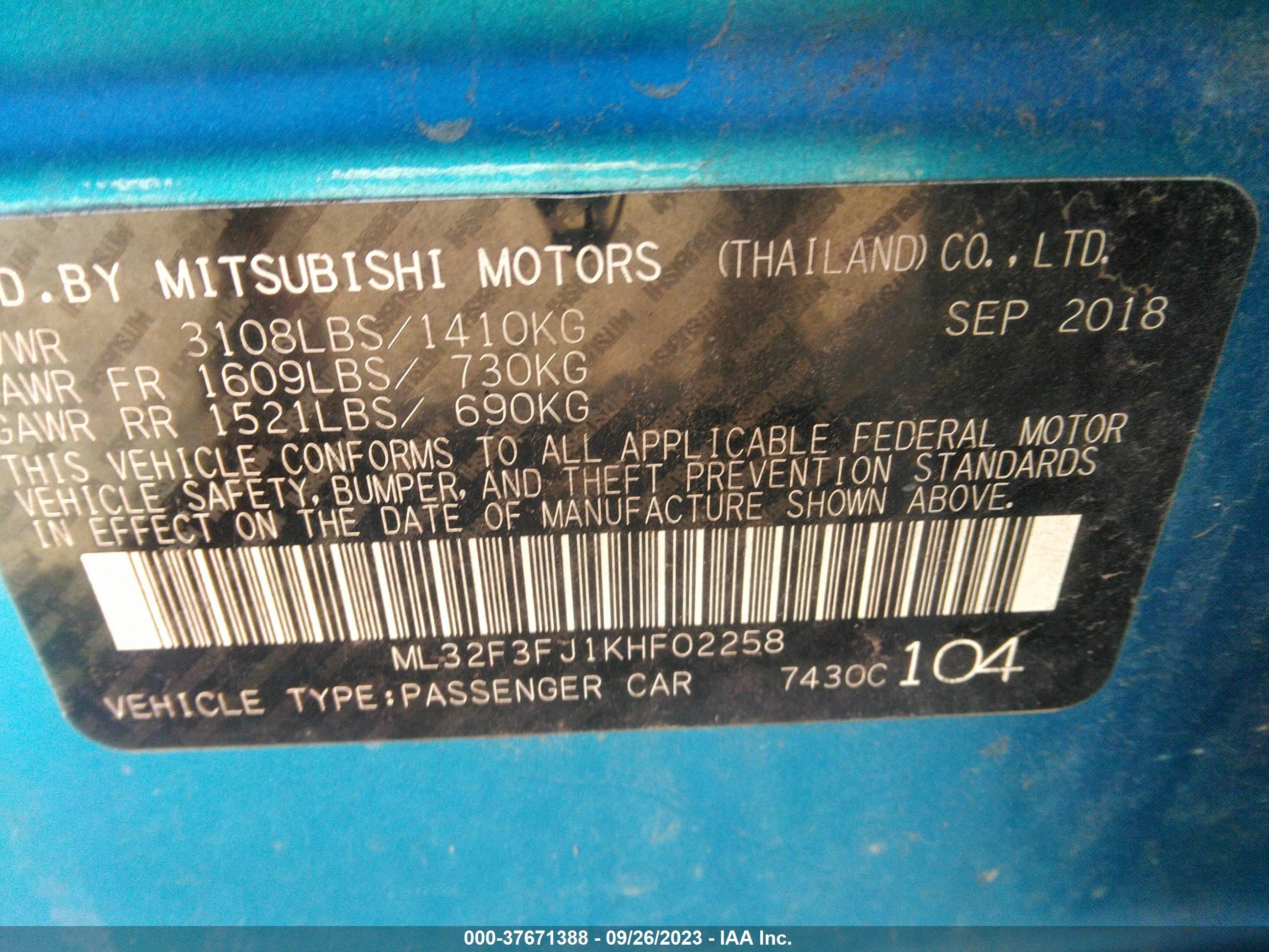 Photo 8 VIN: ML32F3FJ1KHF02258 - MITSUBISHI MIRAGE 