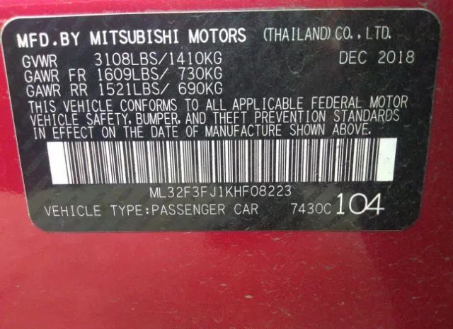 Photo 8 VIN: ML32F3FJ1KHF08223 - MITSUBISHI MIRAGE 