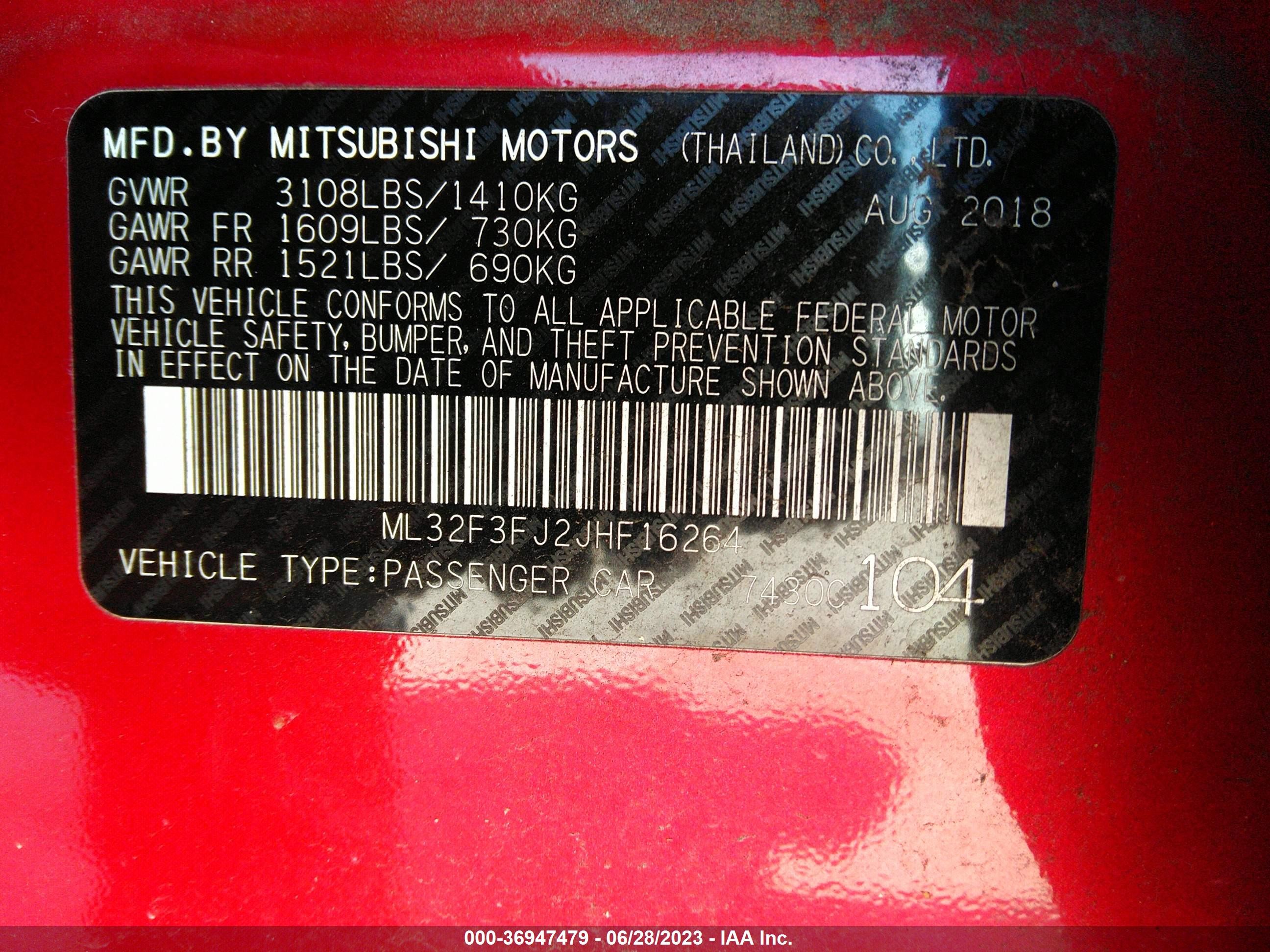 Photo 8 VIN: ML32F3FJ2JHF16264 - MITSUBISHI MIRAGE 