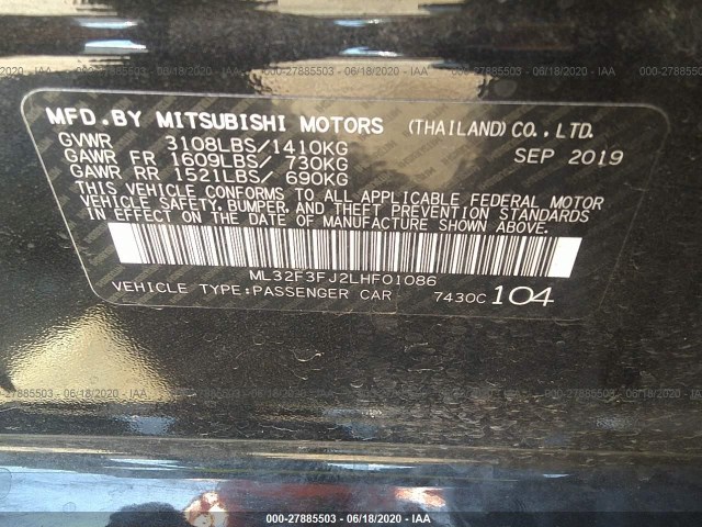 Photo 8 VIN: ML32F3FJ2LHF01086 - MITSUBISHI MIRAGE G4 